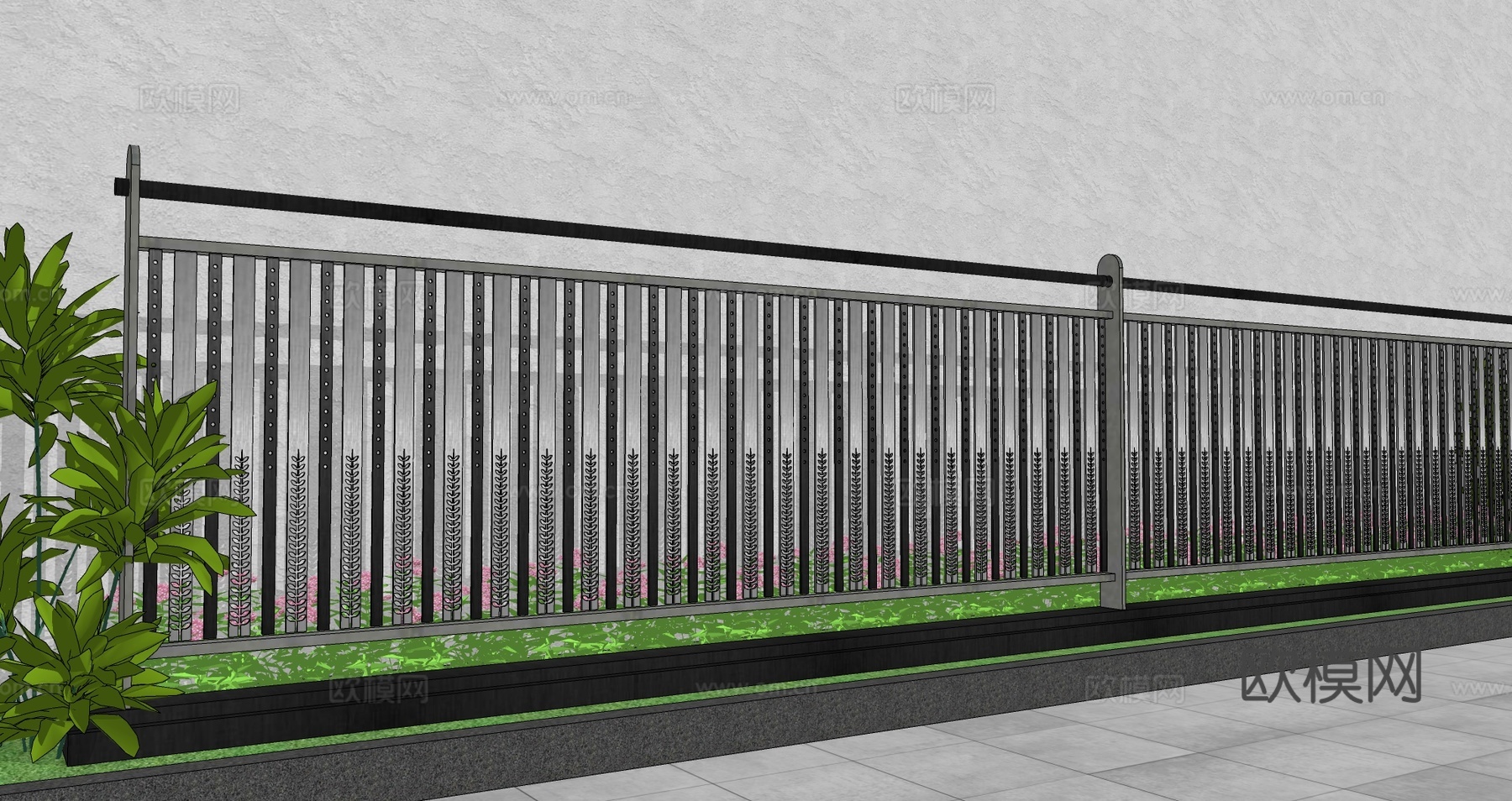 现代围栏花卉不锈钢护栏扶手植物铁艺镂空景观栏杆户外花朵创意栅su模型