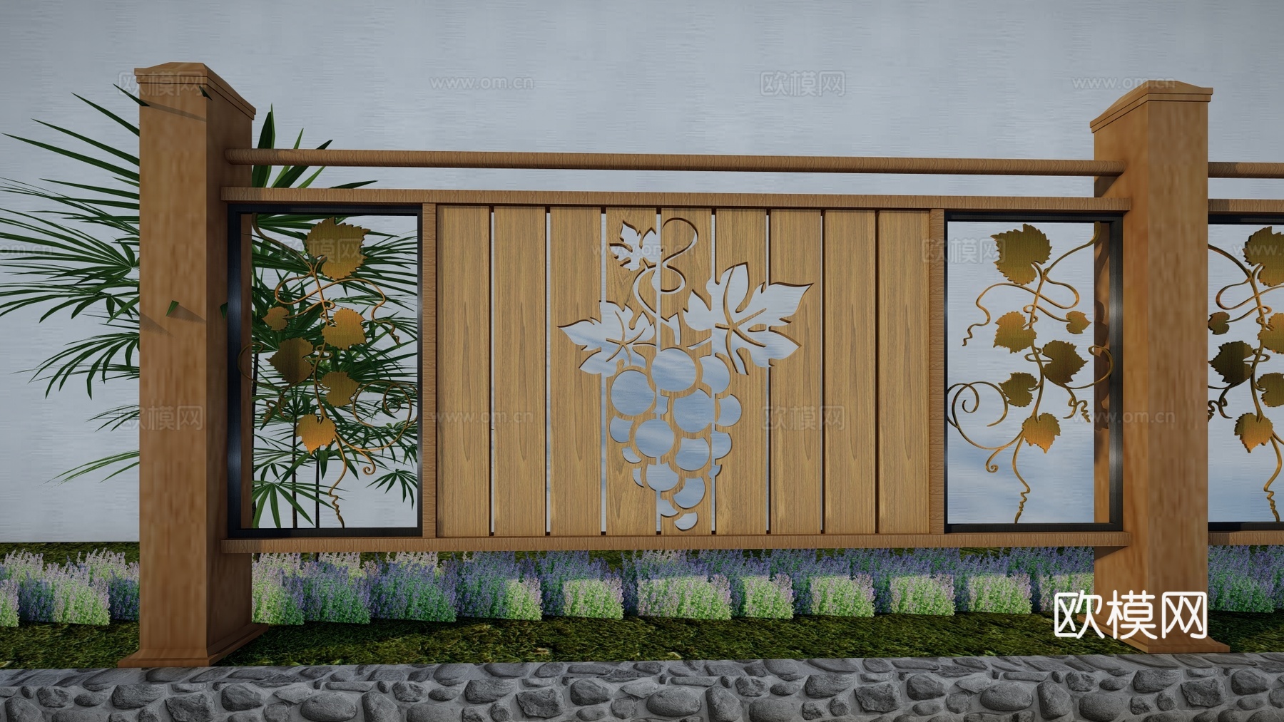 现代生态户外蔬果田园木质葡萄栏杆围栏护栏彩色水果创意栅栏葡萄su模型