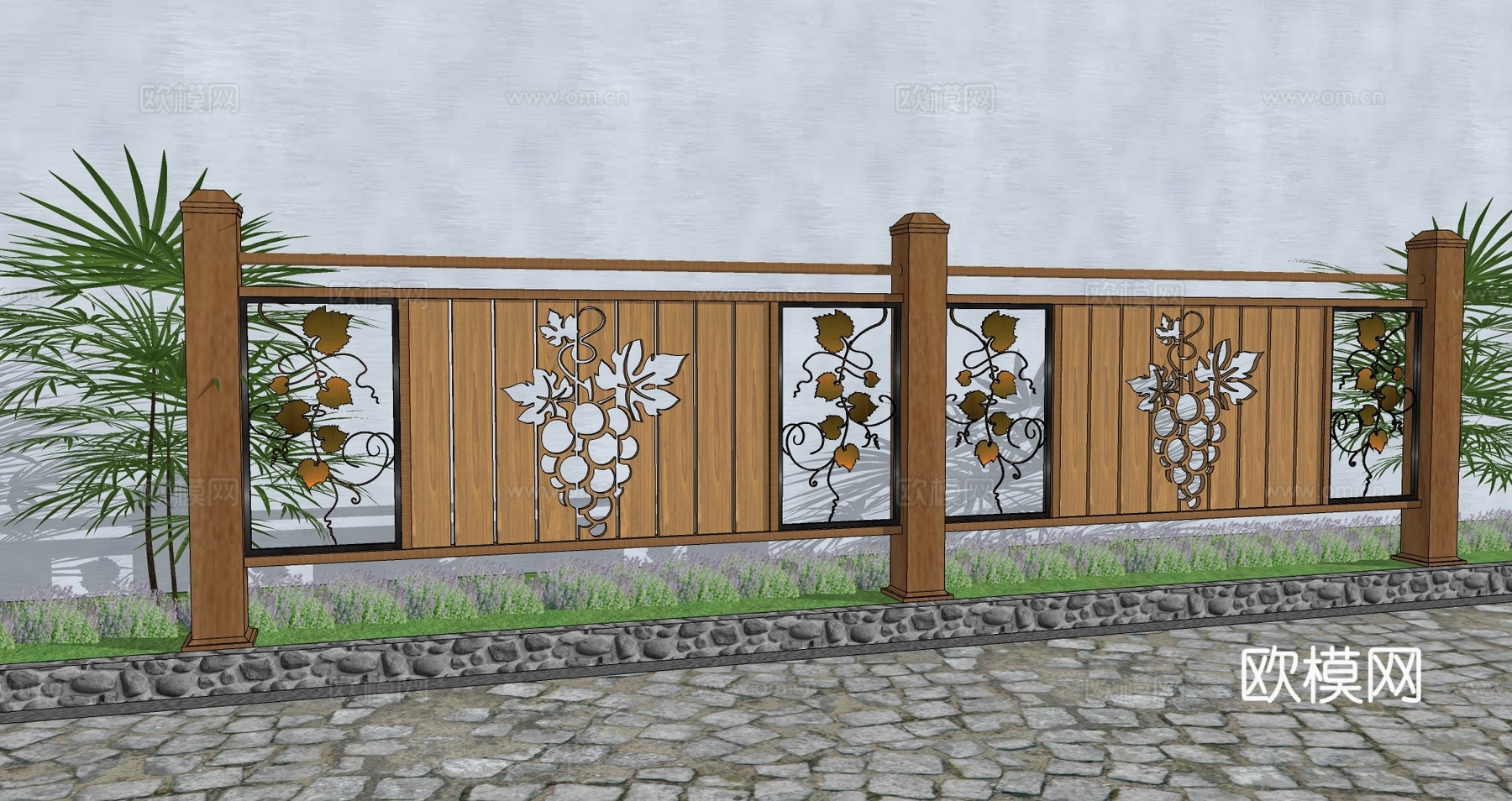 现代生态户外蔬果田园木质葡萄栏杆围栏护栏彩色水果创意栅栏葡萄su模型