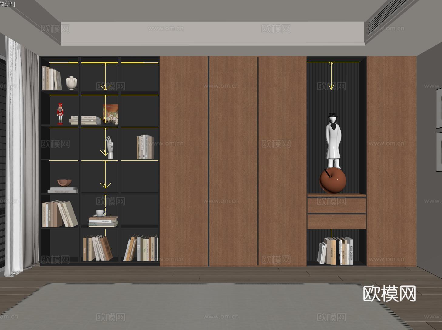 现代中古定制书柜 开放格雕塑 玻璃门书柜su模型