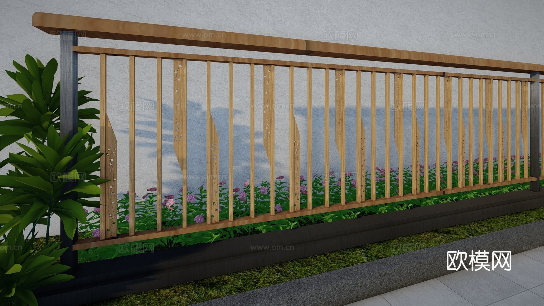 现代围栏花卉不锈钢护栏扶手植物铁艺镂空户外阳台创意金属栏杆su模型