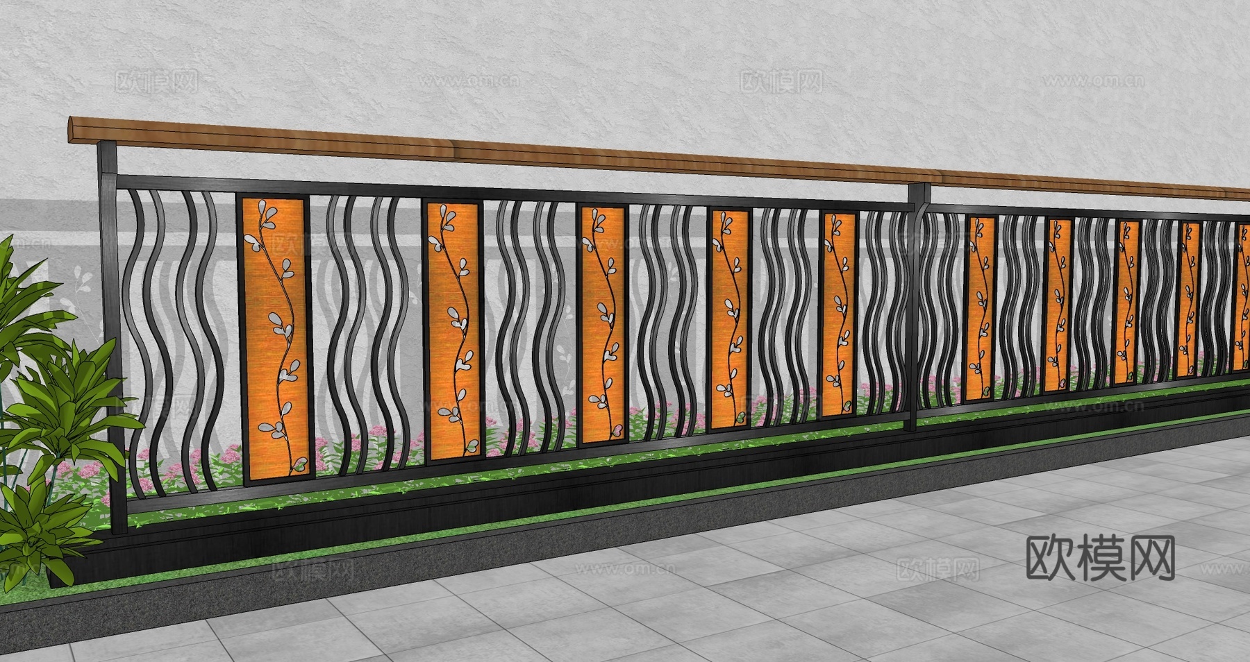 现代围栏花卉不锈钢护栏扶手植物铁艺镂空景观栏杆户外花朵创意栅su模型