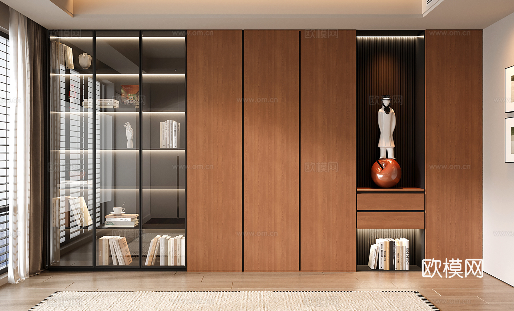 现代中古定制书柜 开放格雕塑 玻璃门书柜su模型