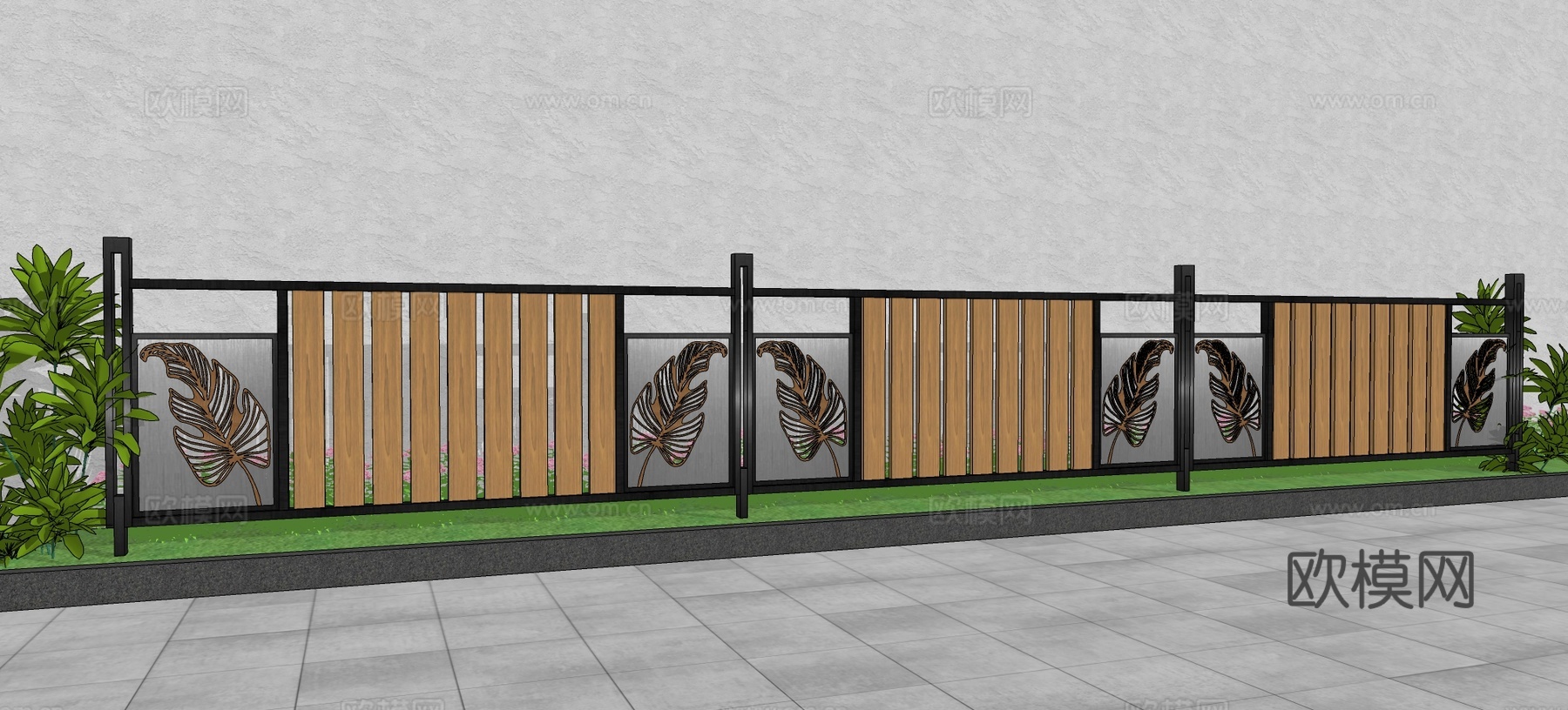 现代围栏花卉不锈钢护栏扶手植物铁艺镂空户外阳台创意金属栏杆su模型