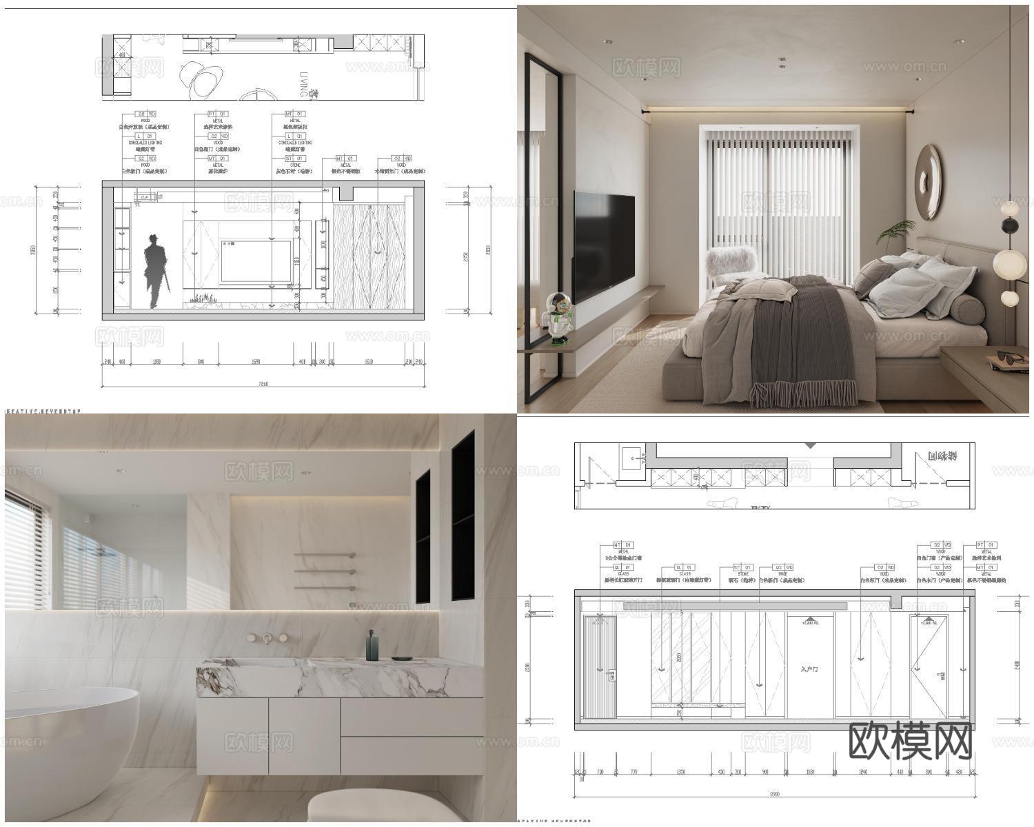2套轻奢样板间 最新全套 效果图 施工图设计cad施工图