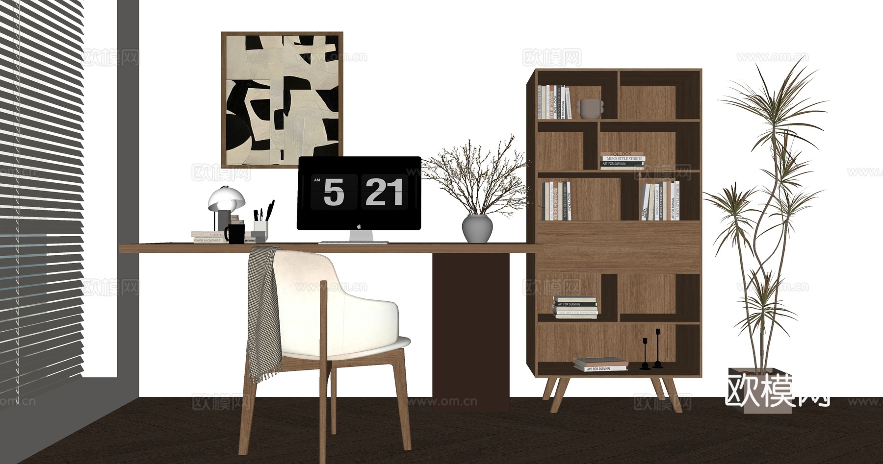现代书桌椅组合 摆件组合 书桌su模型