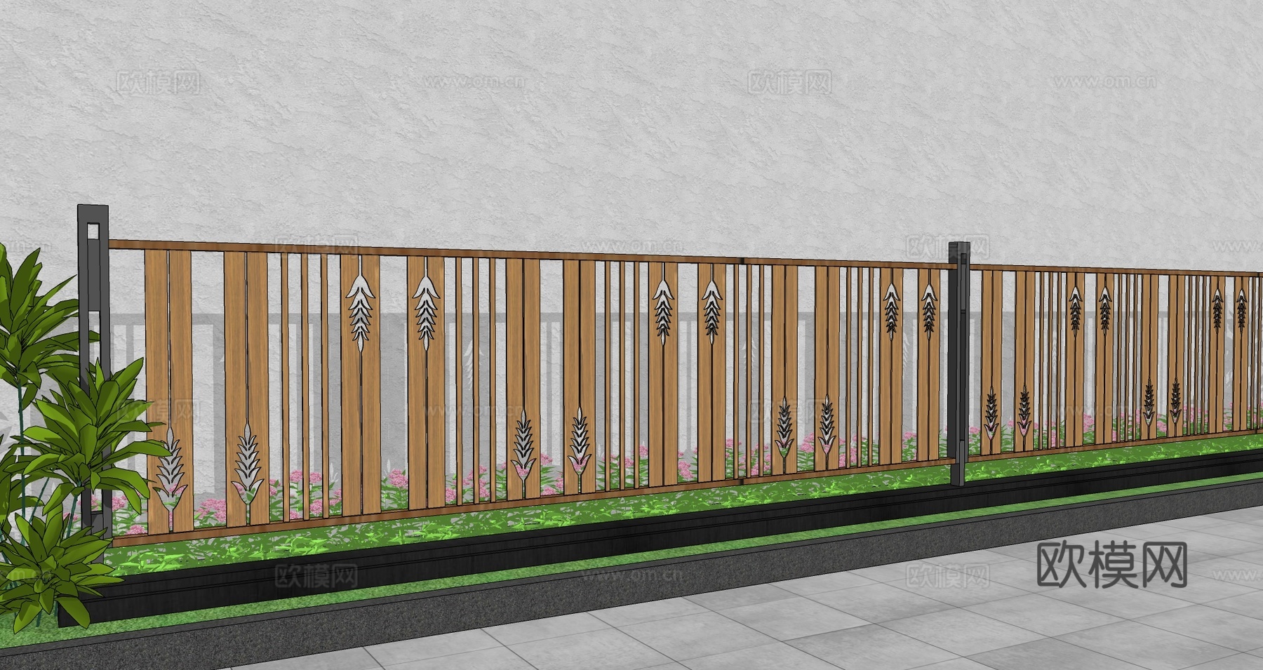 现代围栏花卉不锈钢护栏扶手植物铁艺镂空户外阳台创意金属栏杆su模型