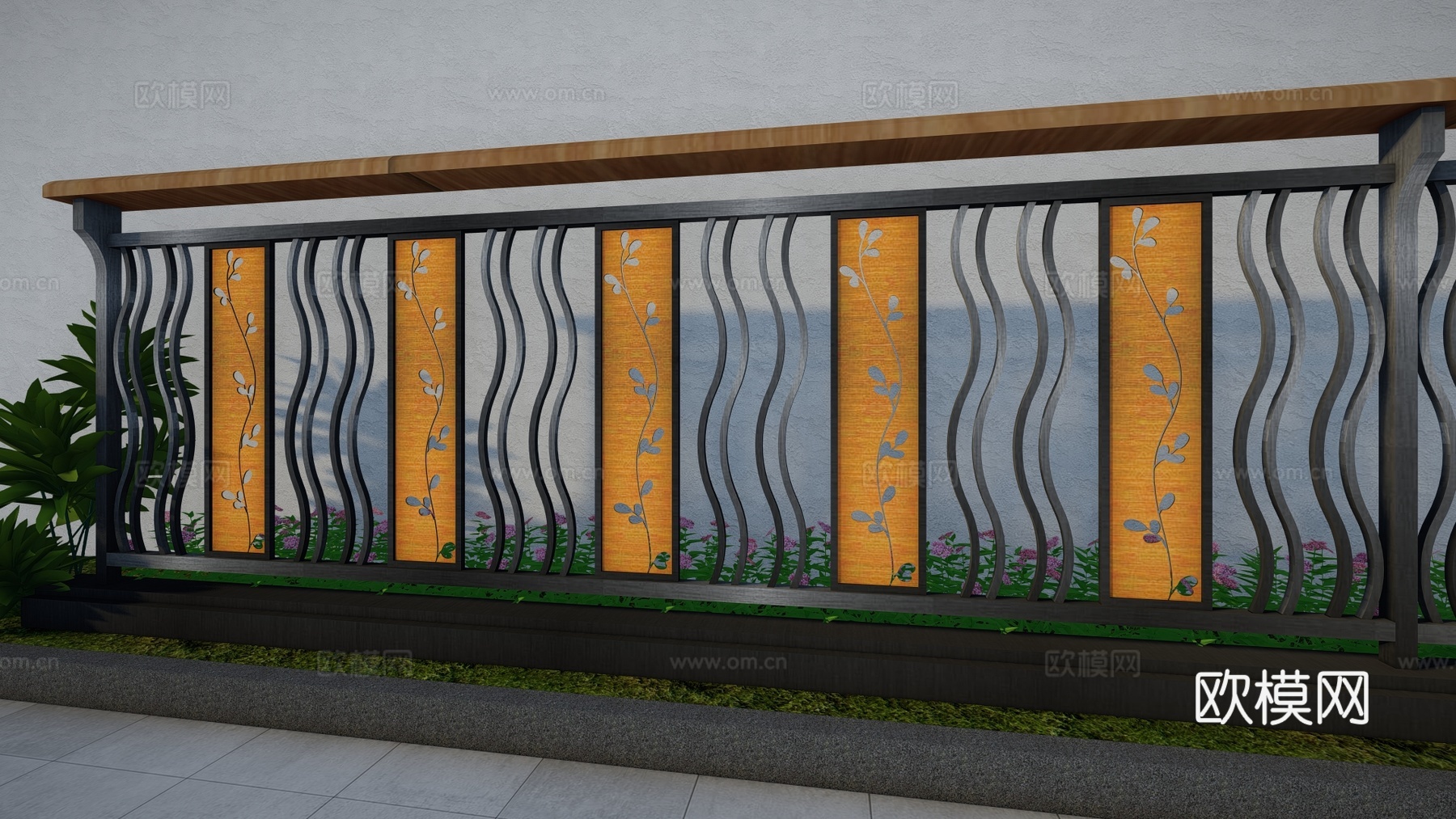 现代围栏花卉不锈钢护栏扶手植物铁艺镂空景观栏杆户外花朵创意栅su模型