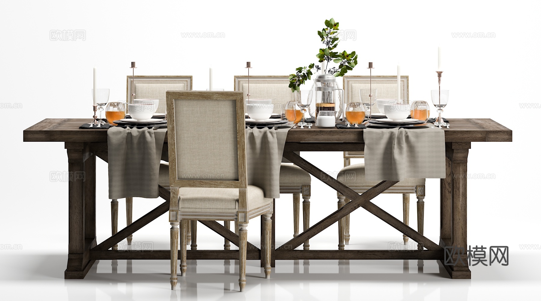 田园风餐桌椅子食物摆件组合3d模型下载（渲染图2）