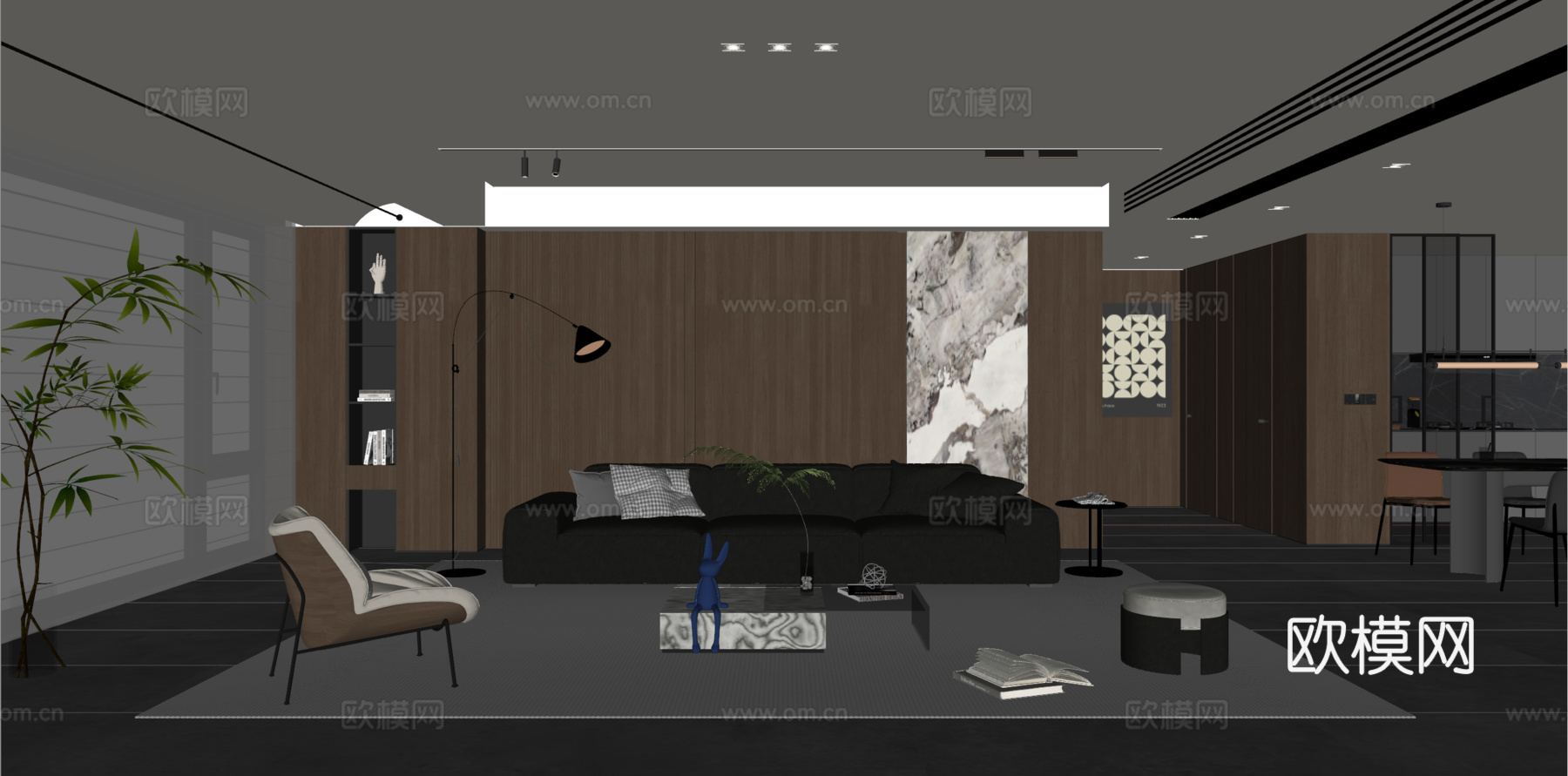 现代意式客厅 沙发茶几 三人沙发 休闲椅 落地灯 地毯su模型