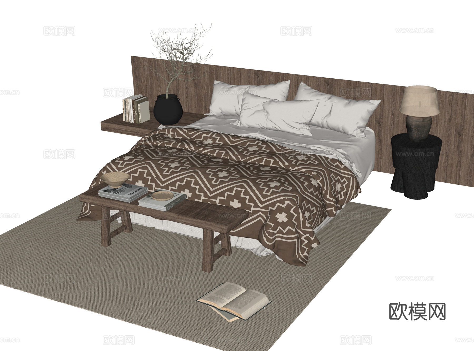 现代双人床su模型