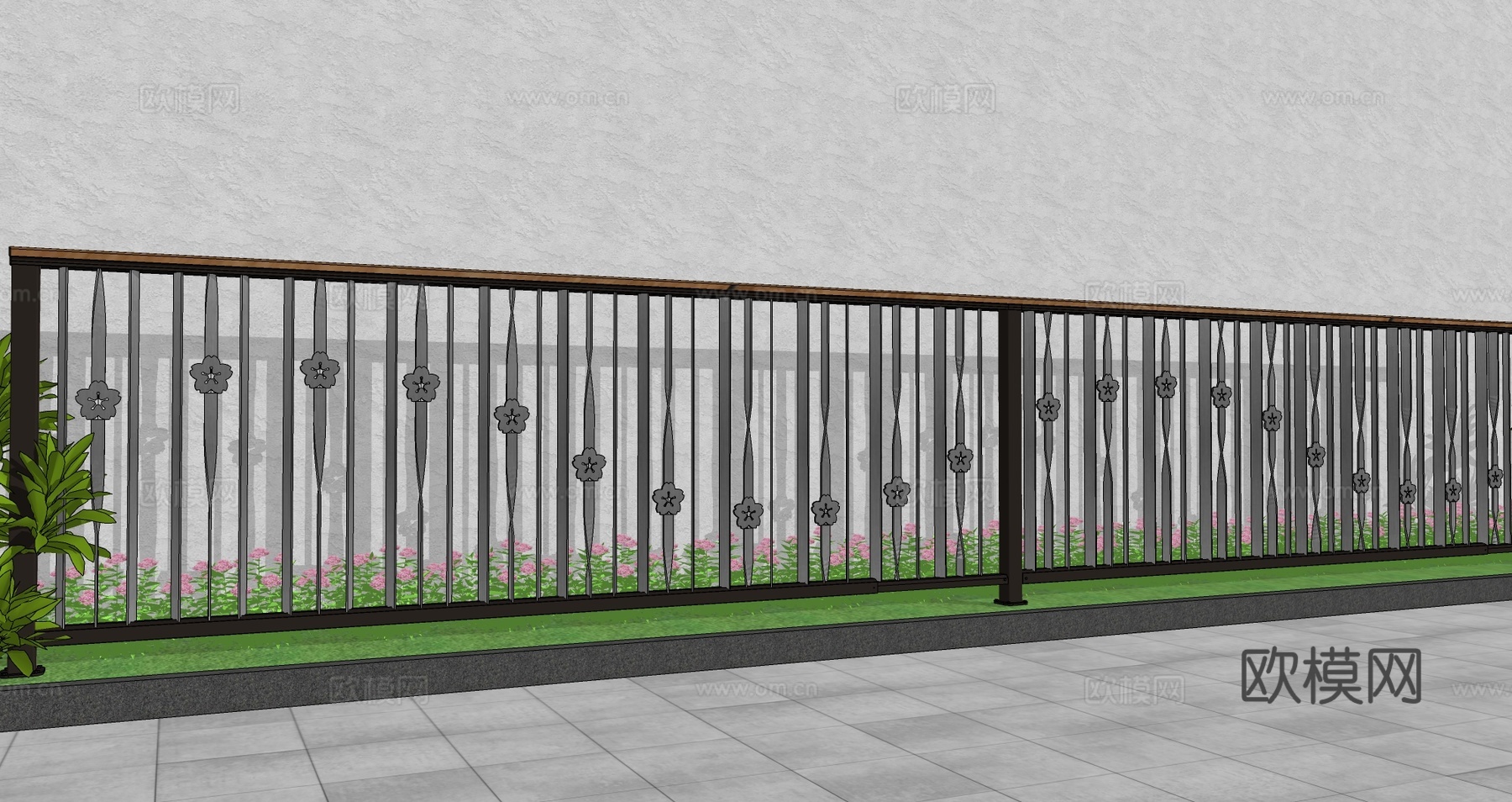 现代围栏花卉不锈钢护栏扶手植物铁艺镂空户外阳台创意金属栏杆su模型