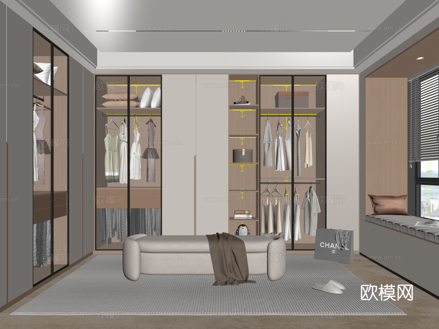 现代衣帽间 开方格 玻璃门 换鞋凳免费su模型