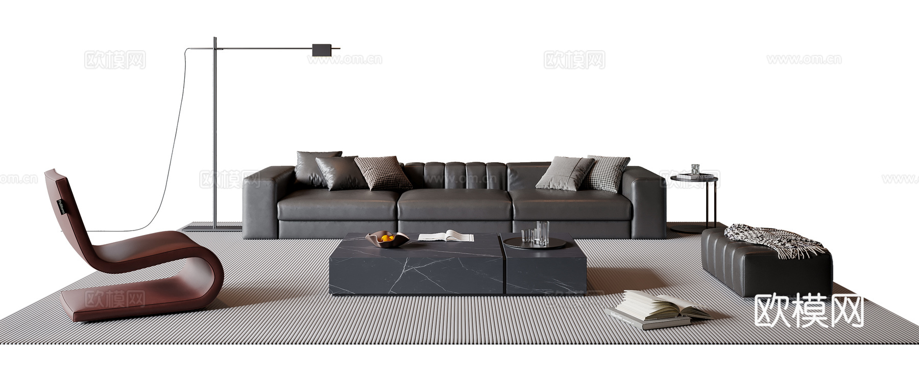 现代意式沙发茶几组合 三人沙发 皮质沙发 落地灯 地毯su模型