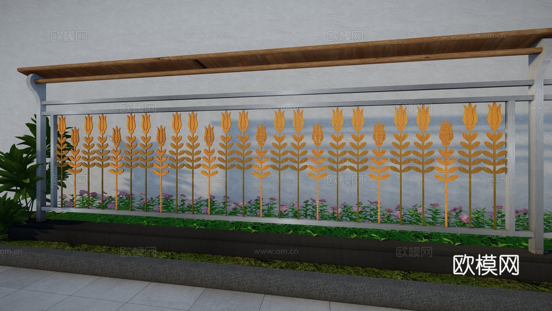 现代围栏花卉不锈钢护栏扶手植物铁艺镂空景观栏杆户外花朵创意栅su模型