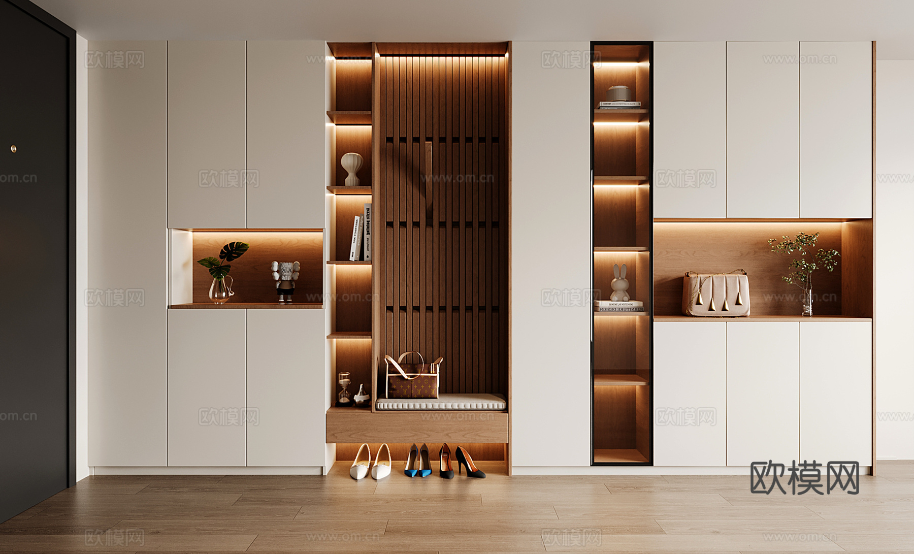 现代定制玄关鞋柜 通顶鞋柜 换鞋凳鞋柜一体su模型
