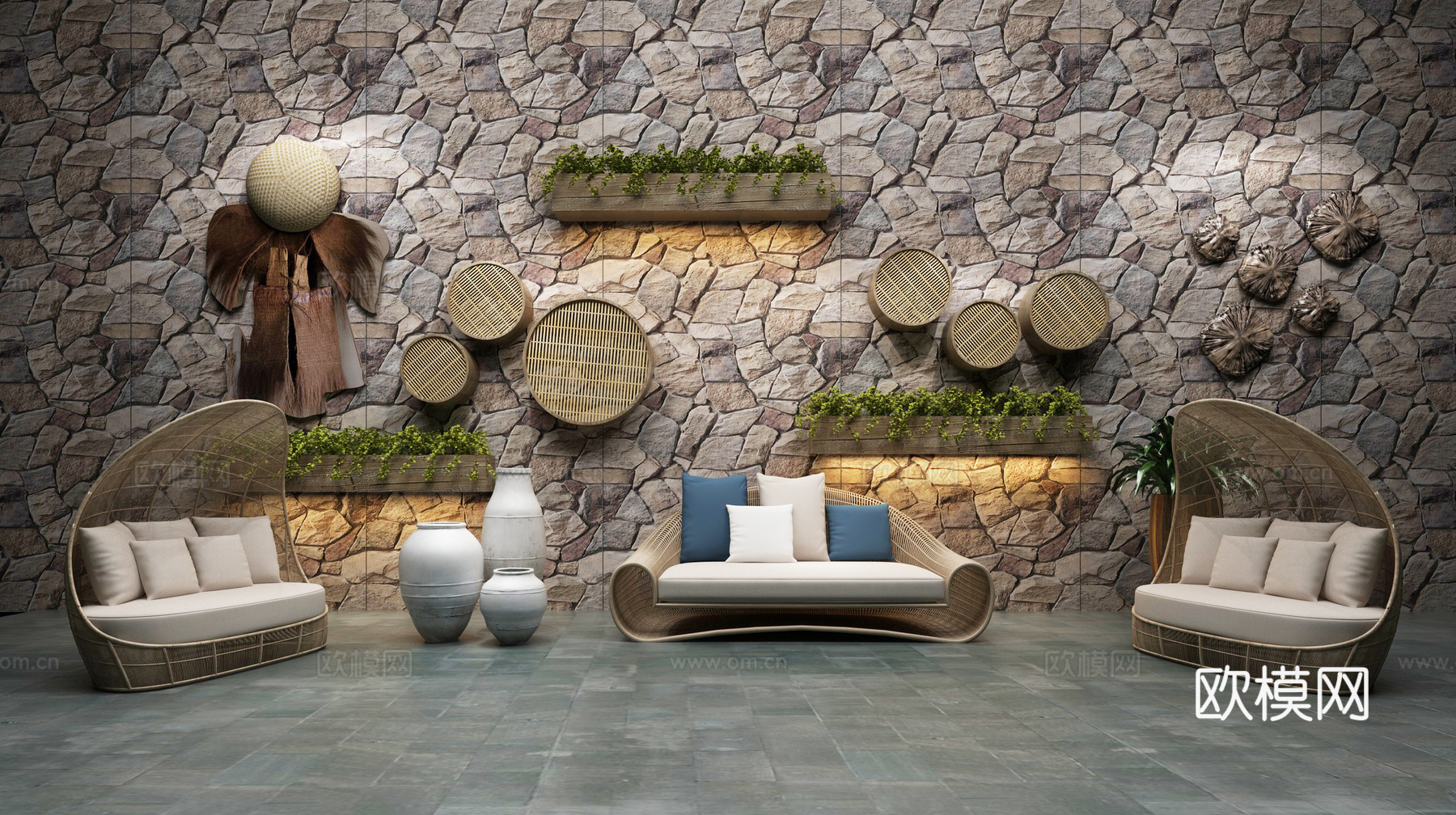 蓑衣藤编休闲沙发民宿装饰墙3d模型下载（渲染图2）