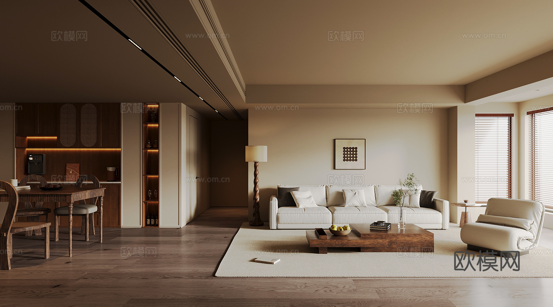 中古风客餐厅 沙发茶几组合 餐桌椅 餐边柜su模型