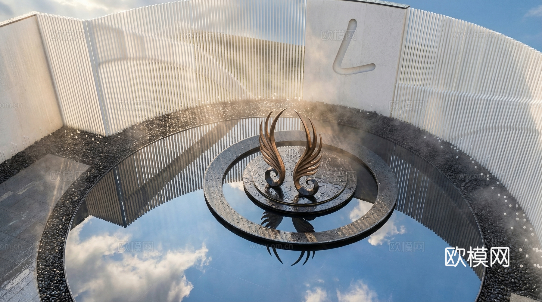 现代雕塑小品_示范区水景雕塑_景墙_抽象翅膀摆件_金属羽毛_su模型