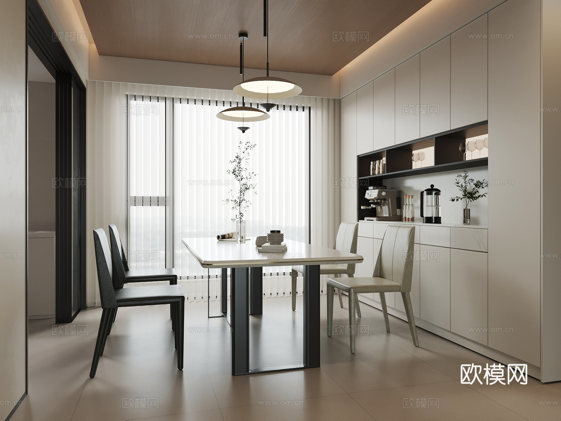 现代餐厅 餐桌椅 餐边柜su模型