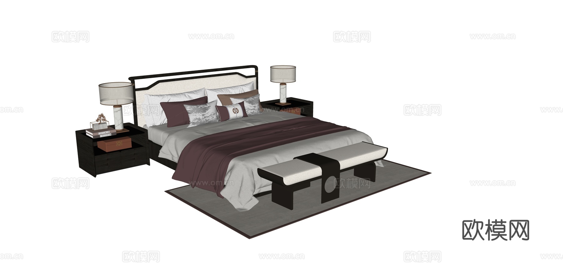 新中式双人床 床尾凳su模型