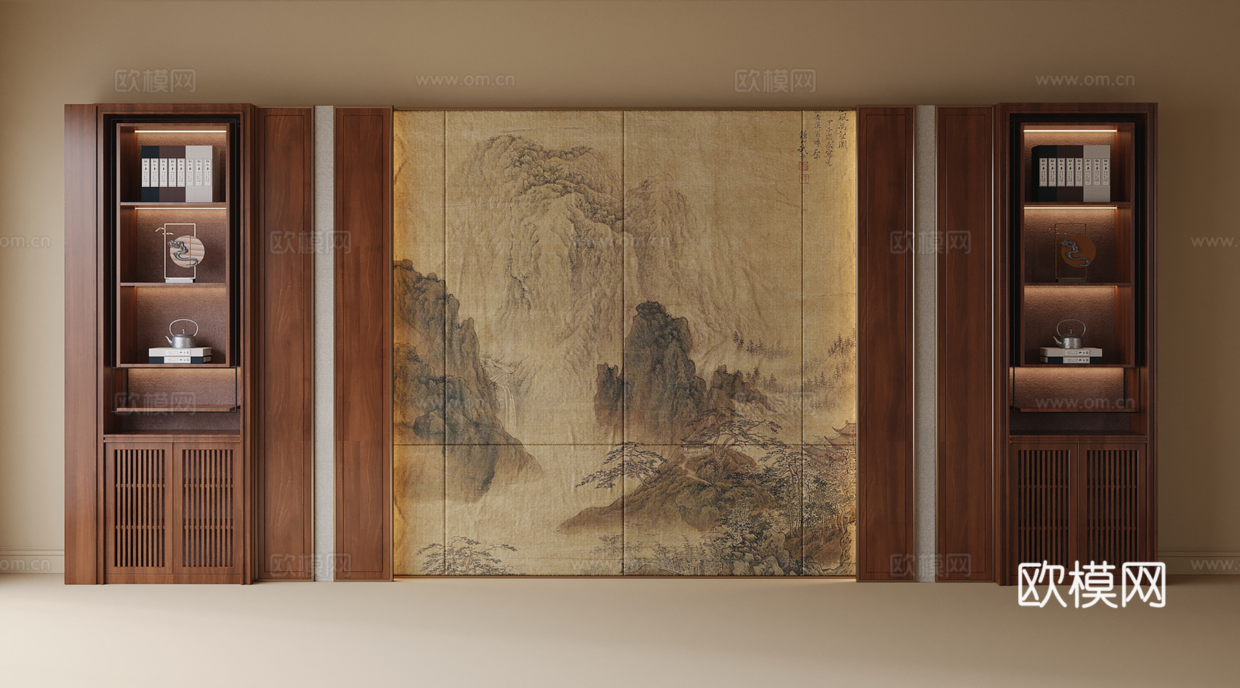 新中式背景墙su模型