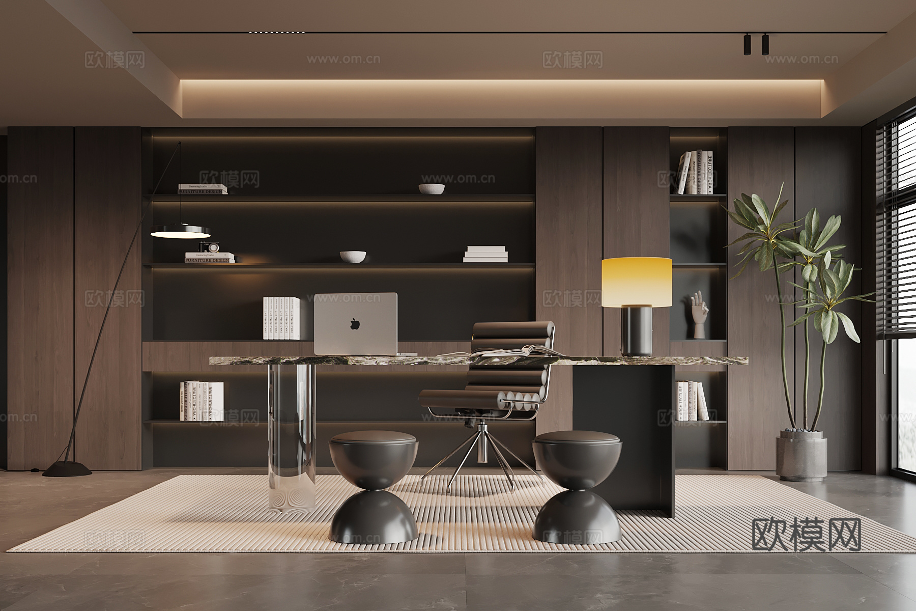 现代意式书房 书桌椅 书柜su模型