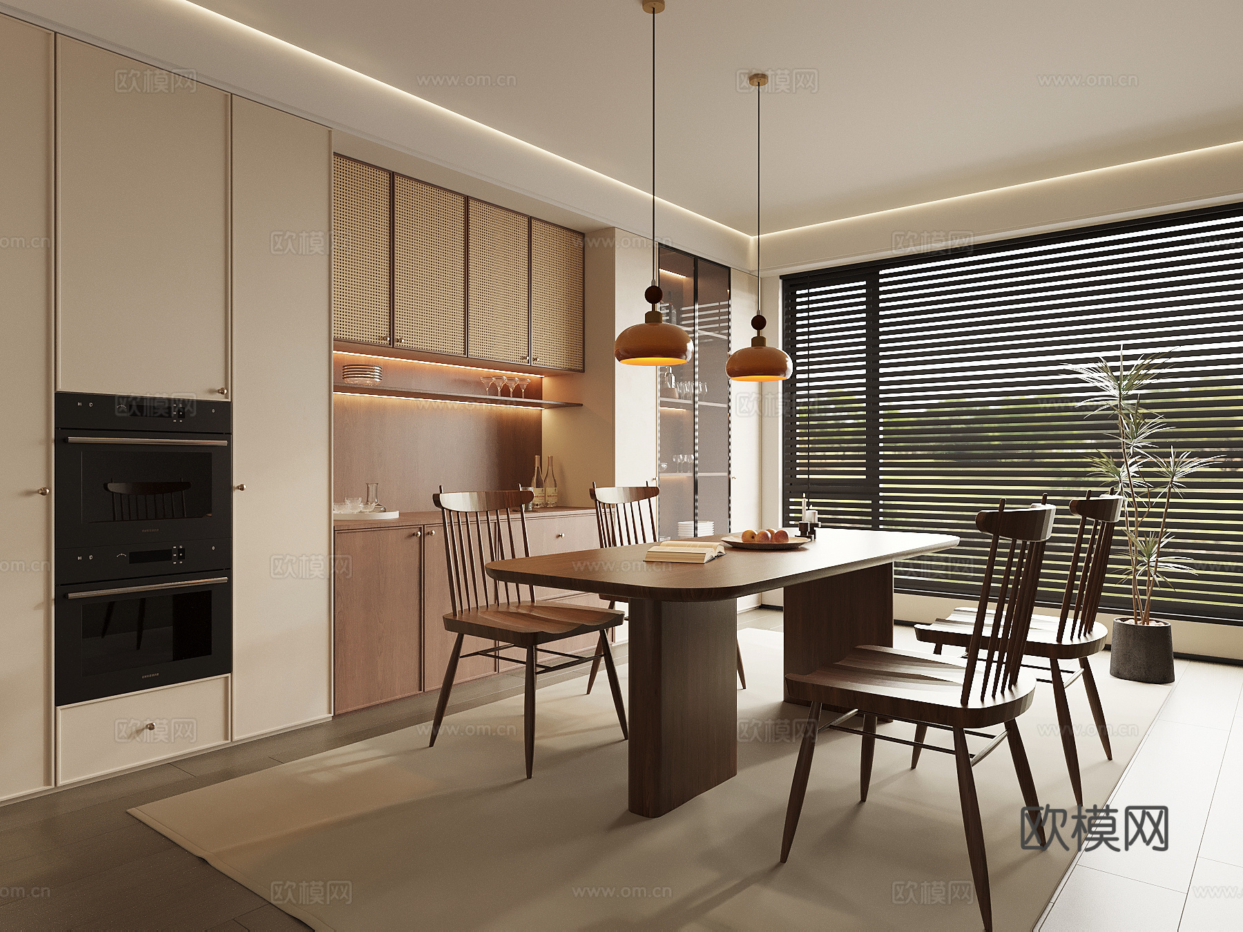 中古风餐厅 餐桌椅 餐边柜su模型