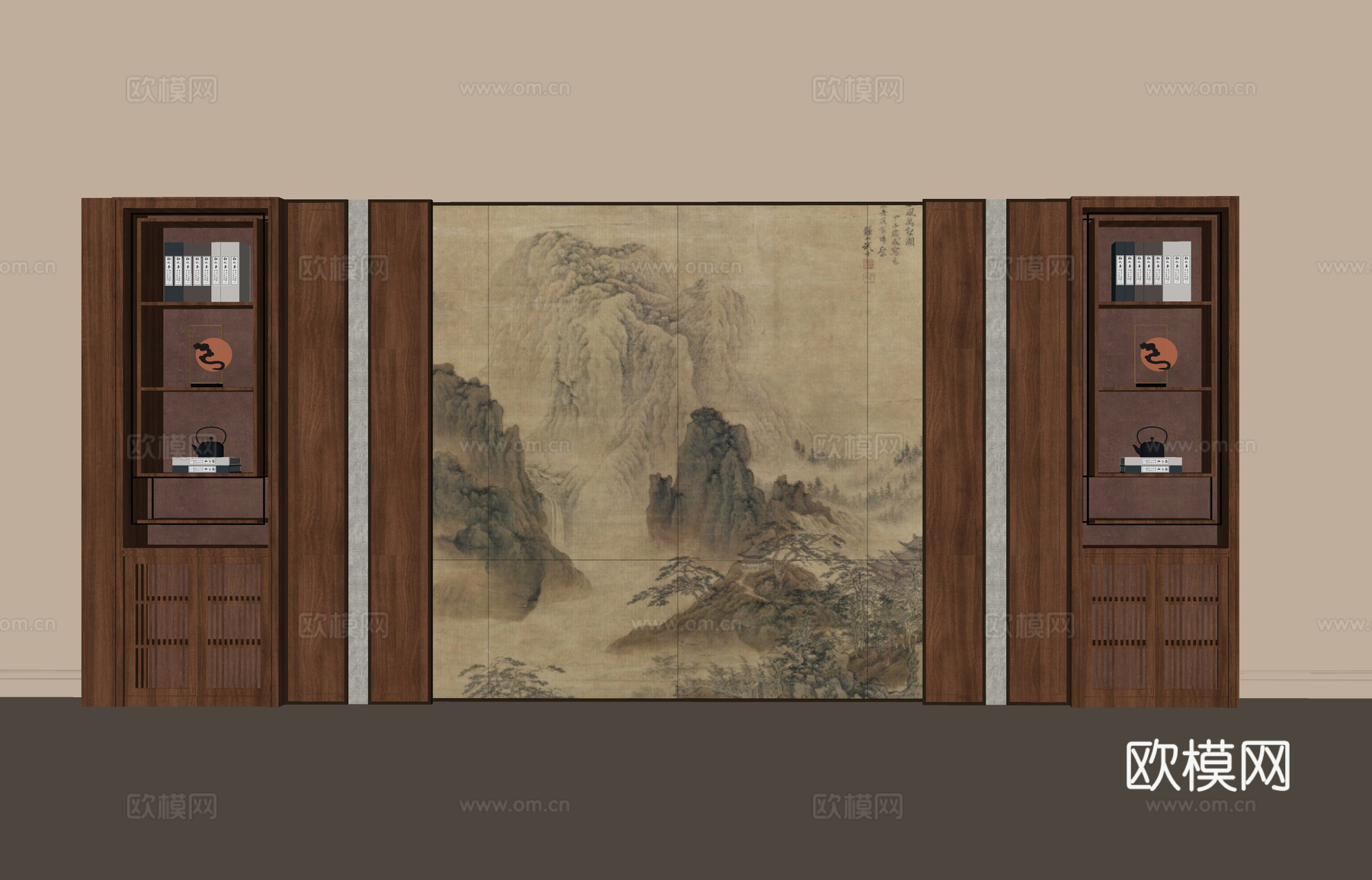 新中式背景墙su模型