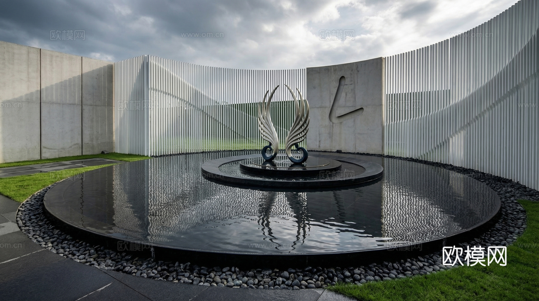 现代雕塑小品_示范区水景雕塑_景墙_抽象翅膀摆件_金属羽毛_su模型