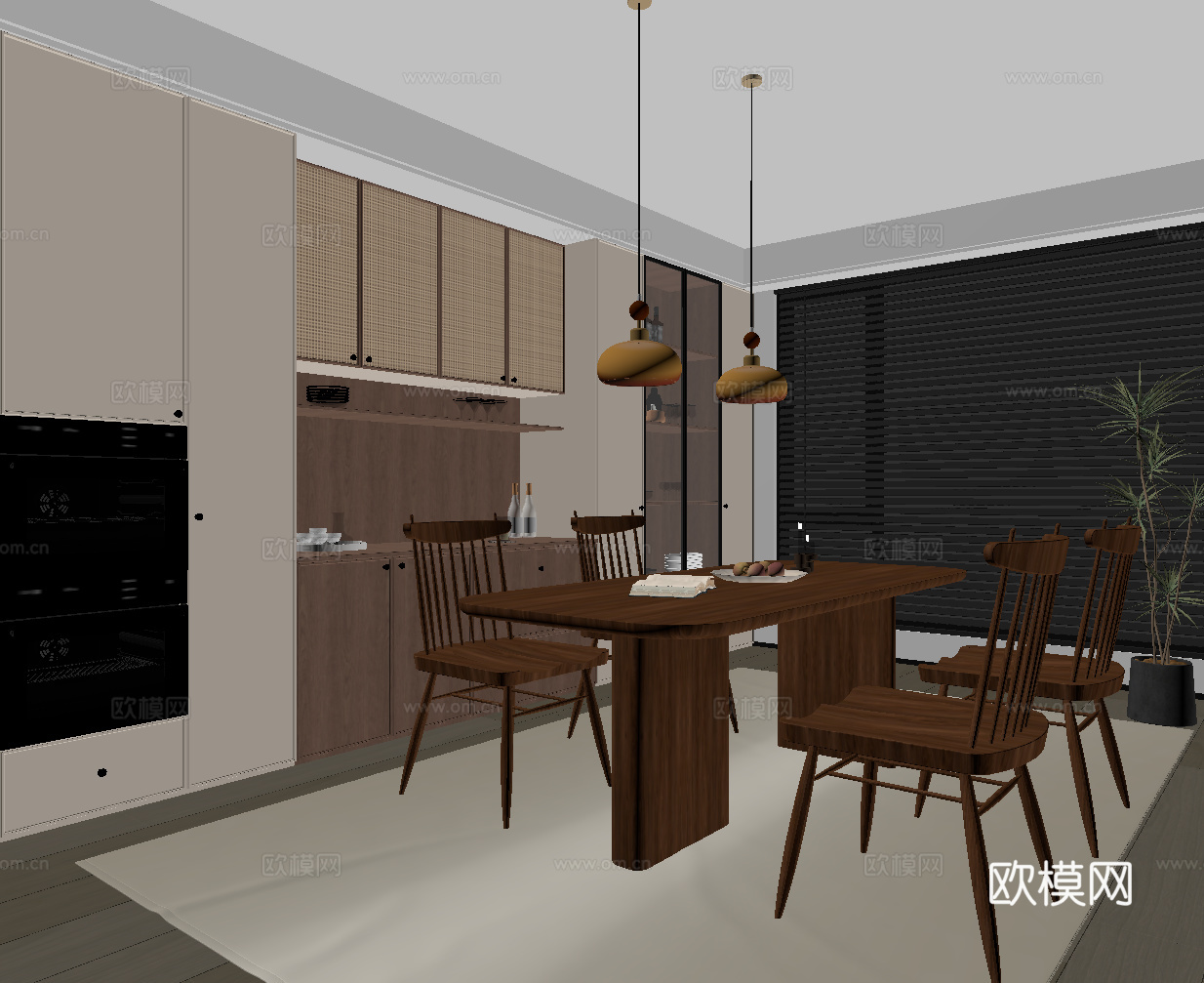 中古风餐厅 餐桌椅 餐边柜su模型
