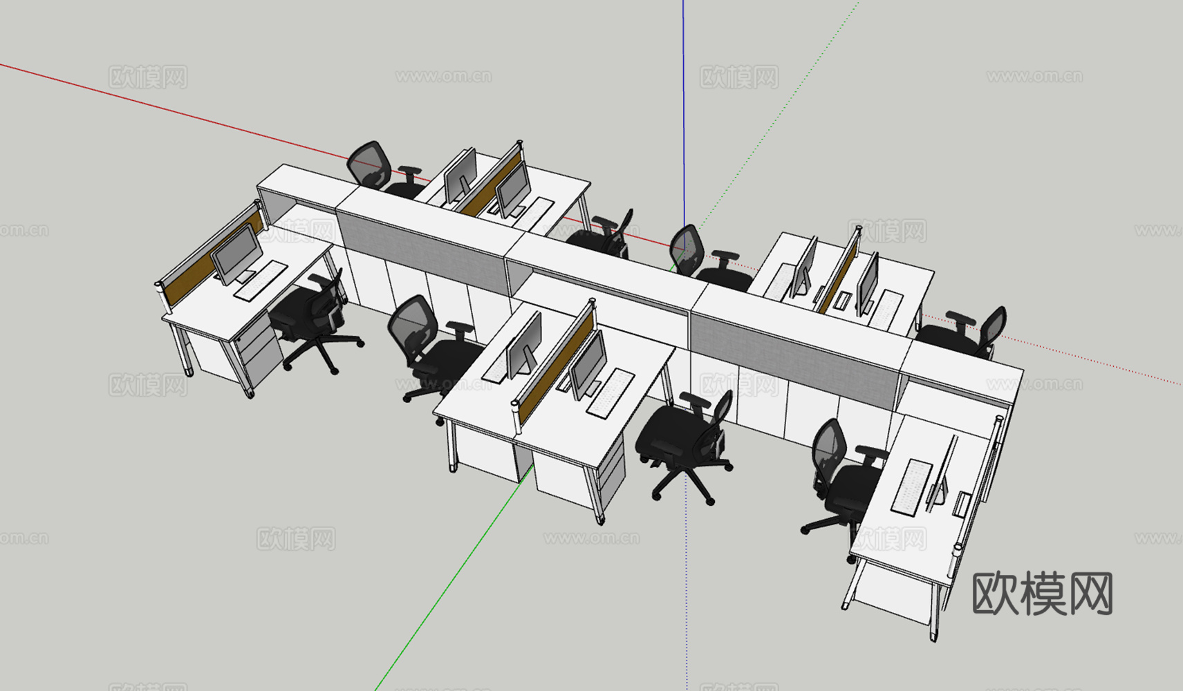 现代风格办公室办公工位组合su模型