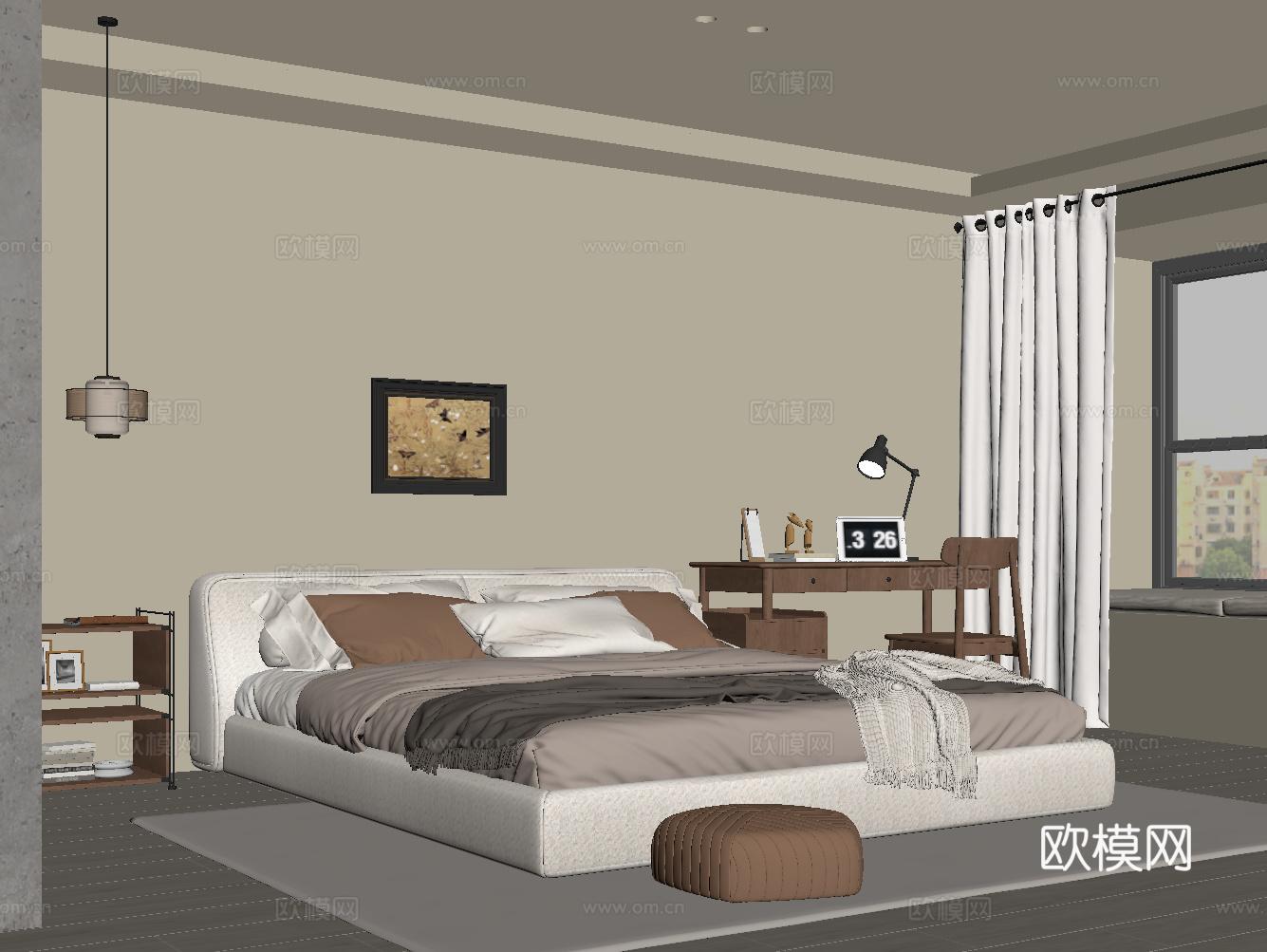 现代中古风卧室 双人床 书桌椅su模型
