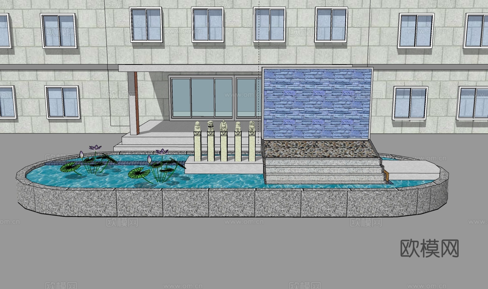 鱼池流水景墙su模型