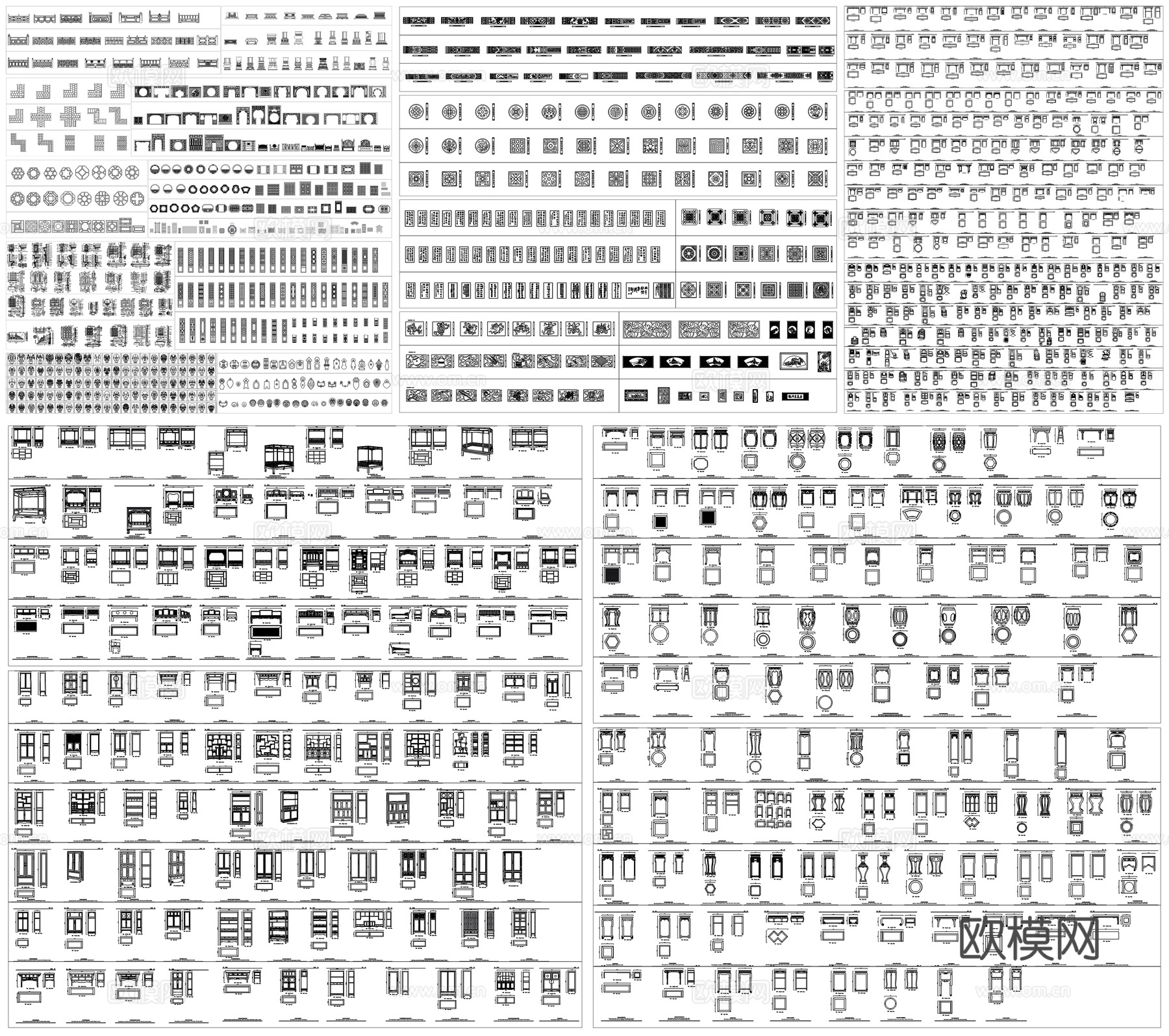 新中式家具中式元素花纹雕花屏风隔断构件欧式花纹线条CAD素材cad施工图