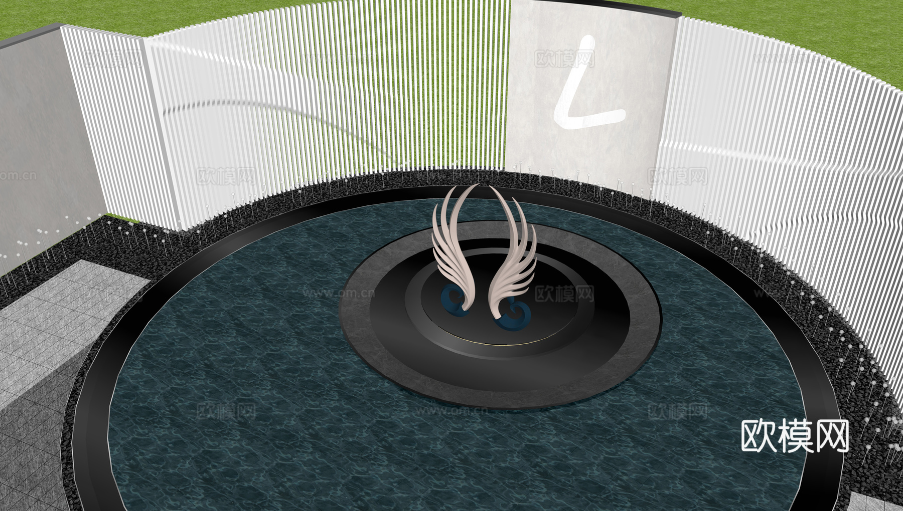 现代雕塑小品_示范区水景雕塑_景墙_抽象翅膀摆件_金属羽毛_su模型