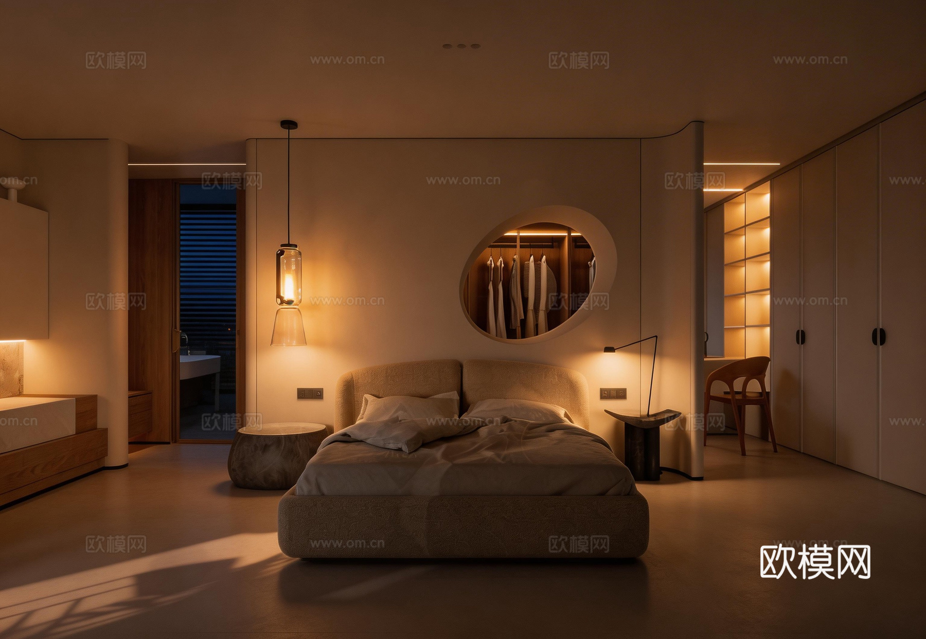 现代卧室 布艺双人床 实木衣柜 床头柜 现代灯饰su模型