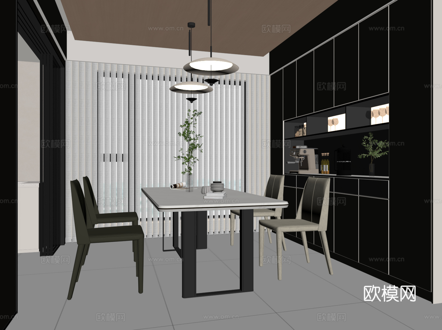 现代餐厅 餐桌椅 餐边柜su模型