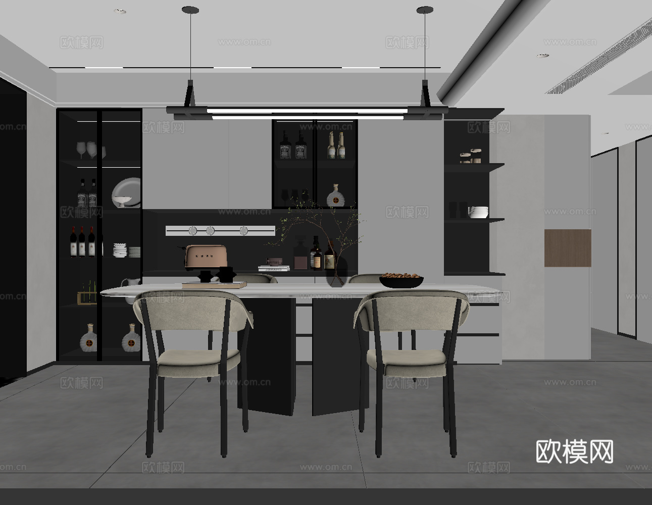 现代餐厅 餐桌椅 餐边柜su模型