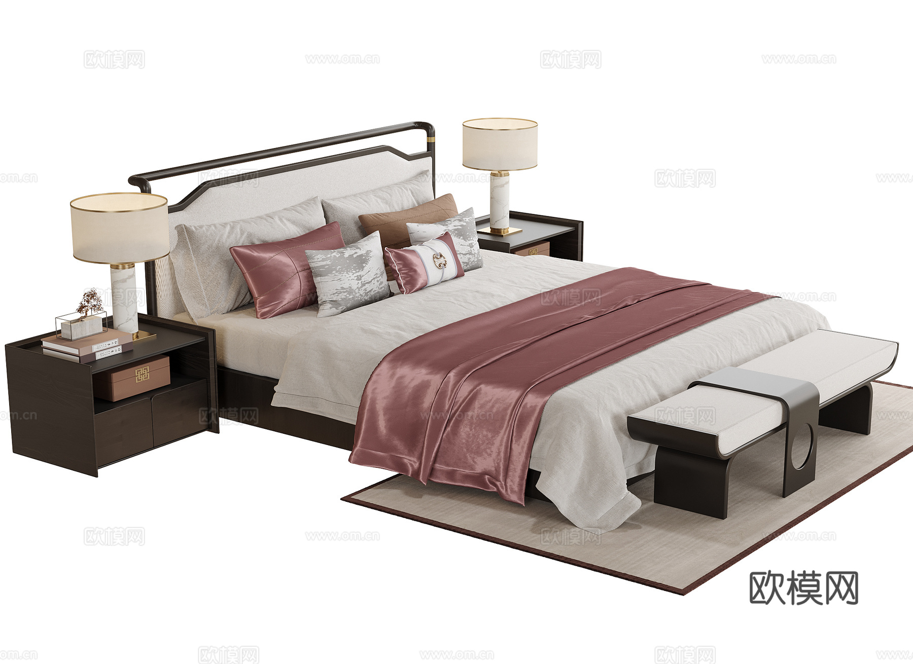 新中式双人床 床尾凳su模型