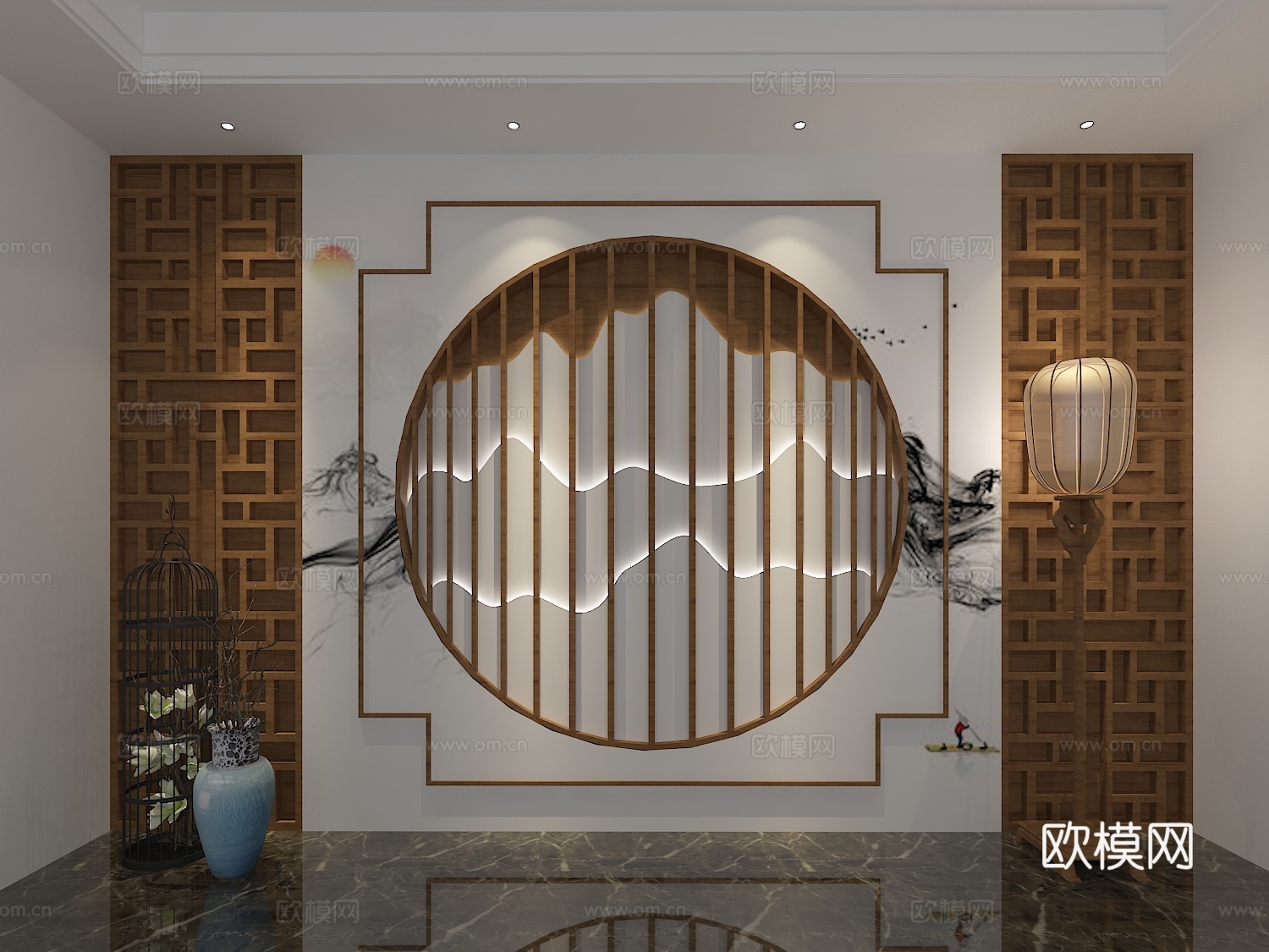 新中式沙发背景墙 新中式造型墙 禅意中式墙 电视背景墙3d模型下载（渲染图2）