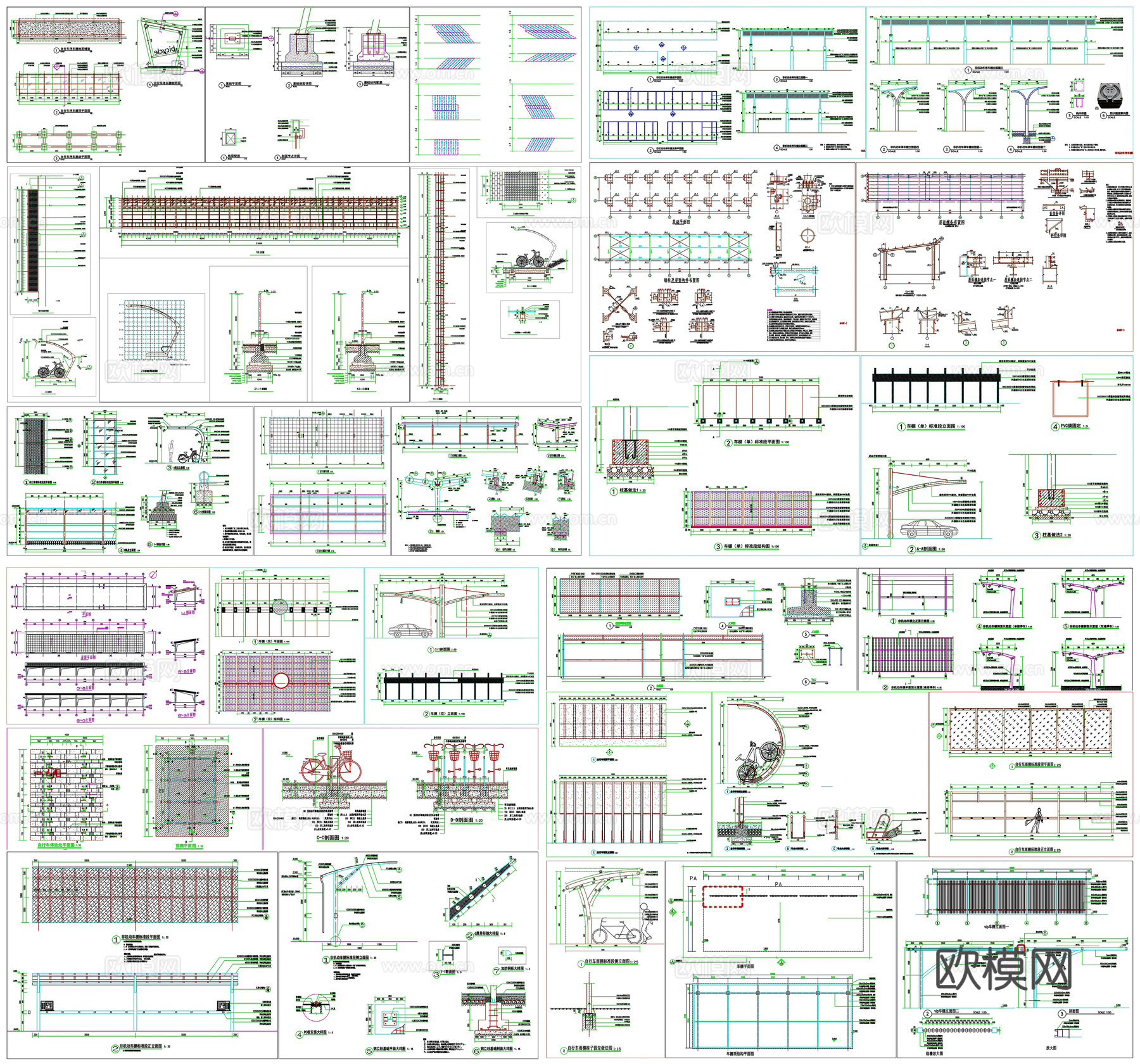 非机动车停车棚机动车棚雨棚自行车棚停车位节点大样图CAD素材cad施工图cad施工图