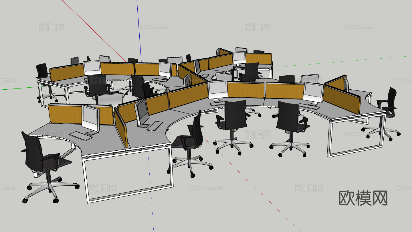 现代风格办公室办公工位办公桌椅组合su模型