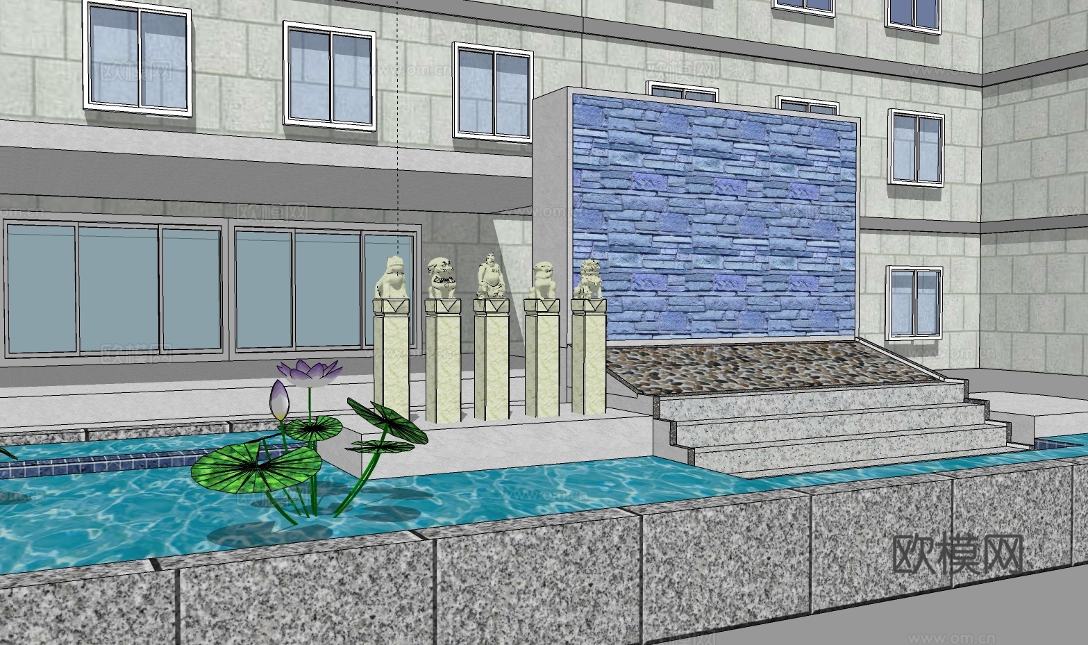 鱼池流水景墙su模型