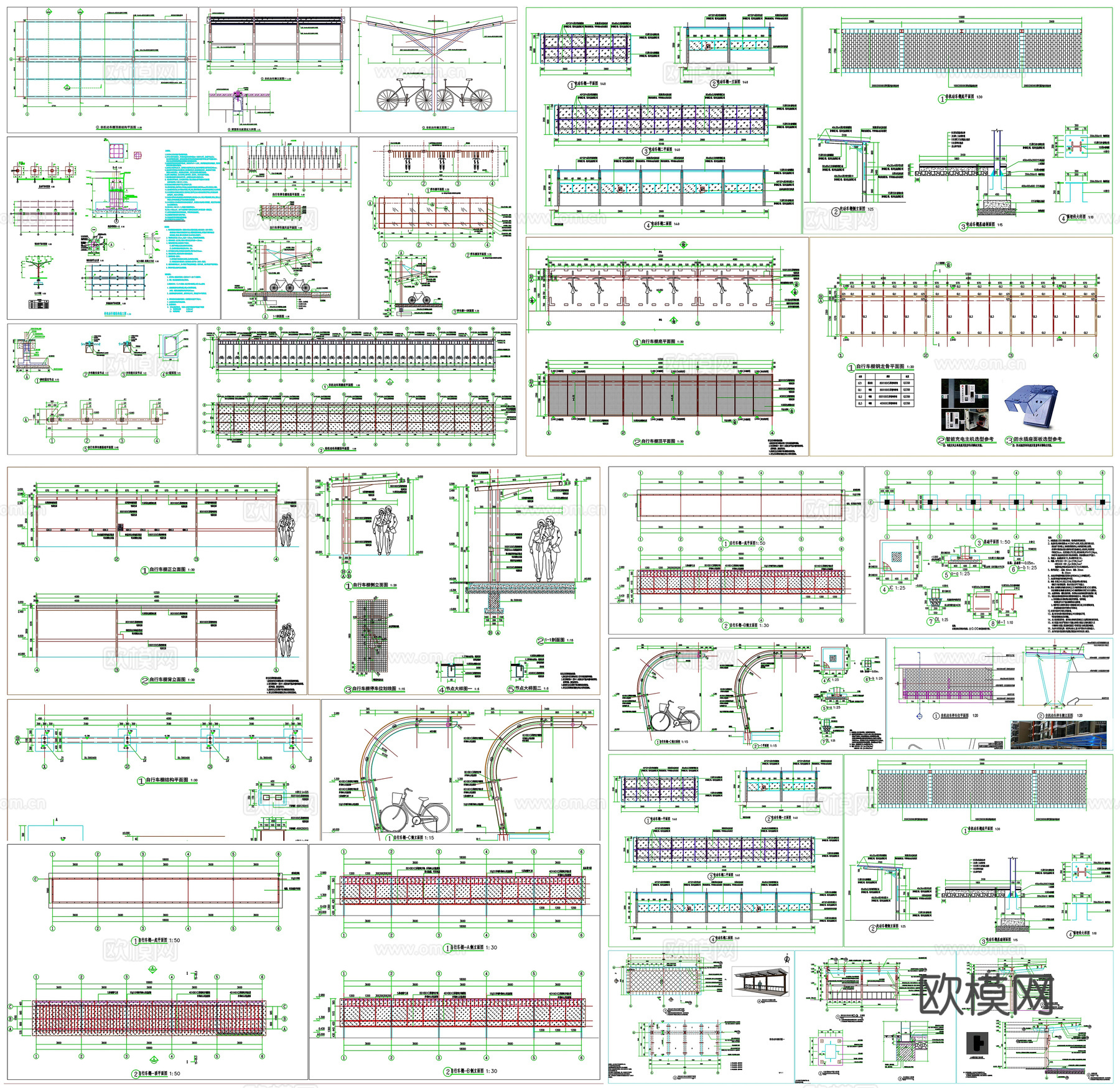 非机动车停车棚机动车棚雨棚自行车棚停车位节点大样图CAD素材cad施工图