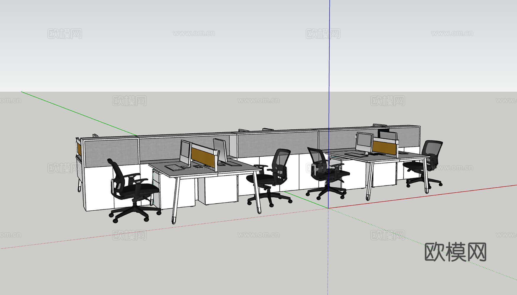 现代风格办公室办公工位组合su模型