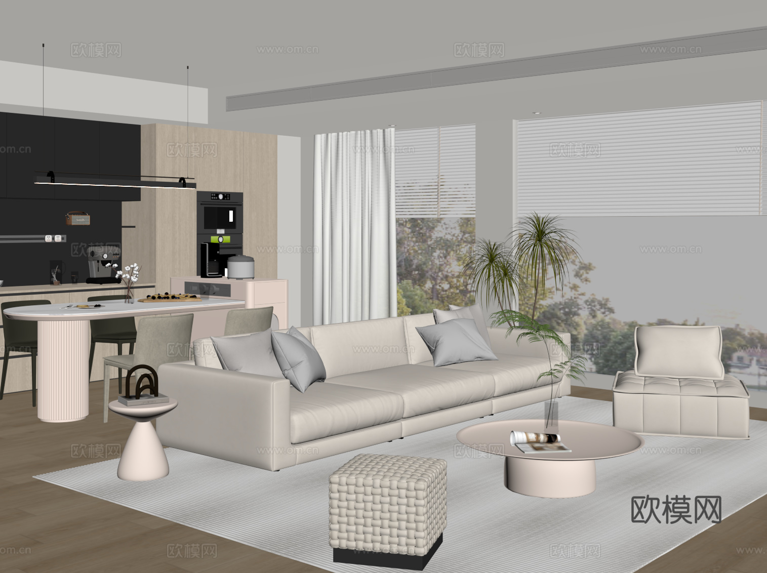 现代奶油风客餐厅 沙发茶几组合 餐桌椅 餐边柜su模型