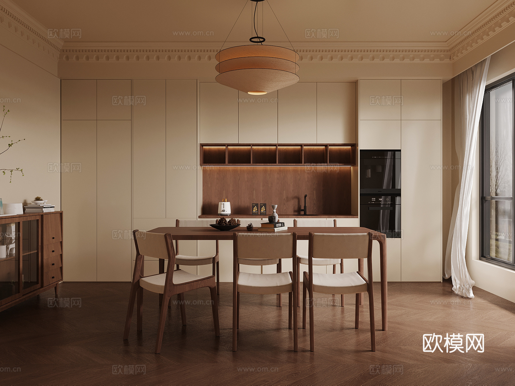 中古风餐厅 餐边柜 餐桌椅su模型