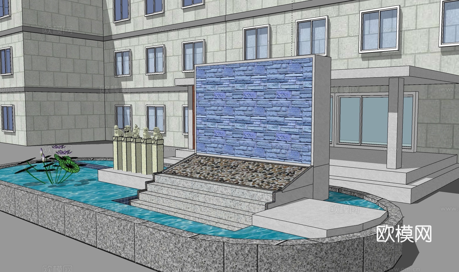 鱼池流水景墙su模型