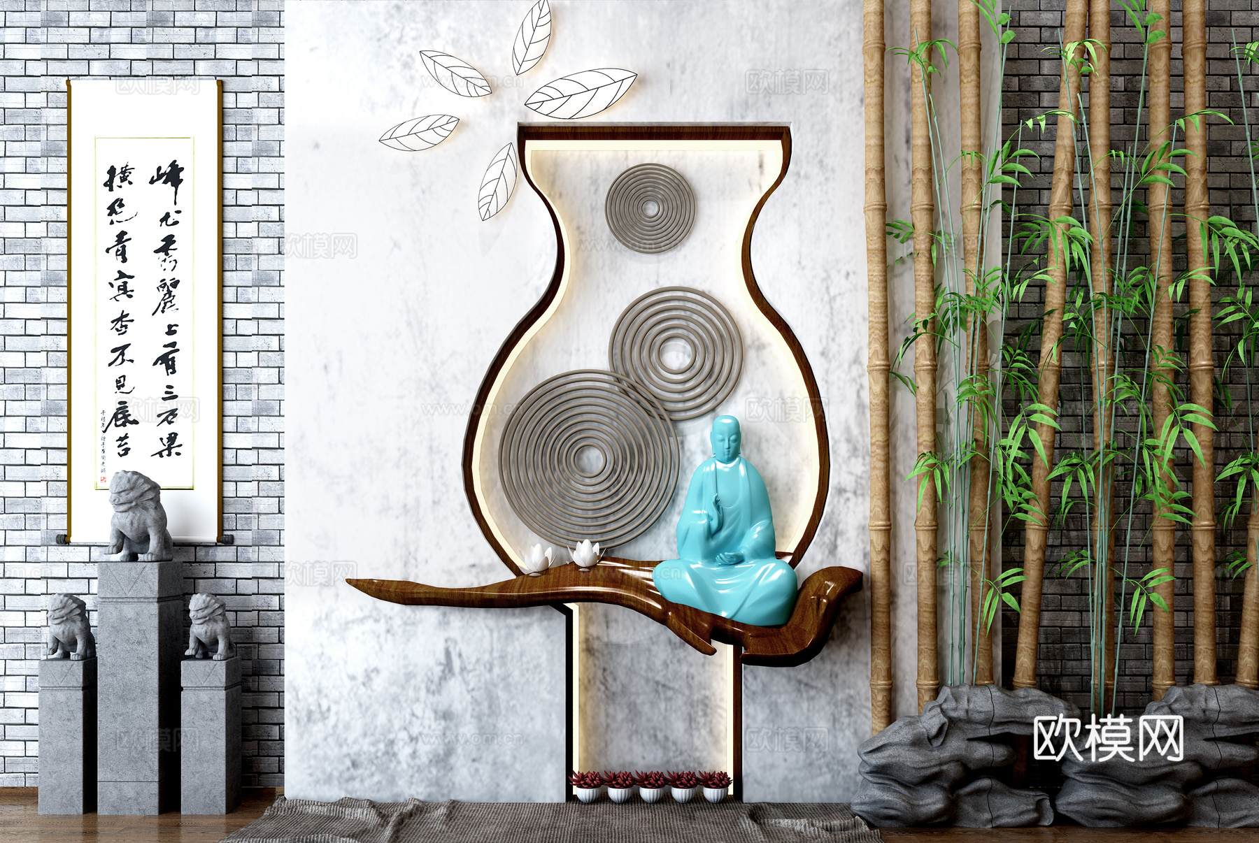 佛龛 挂画 绿植 竹子 石头摆设 狮子摆设 花瓶3d模型下载（渲染图1）
